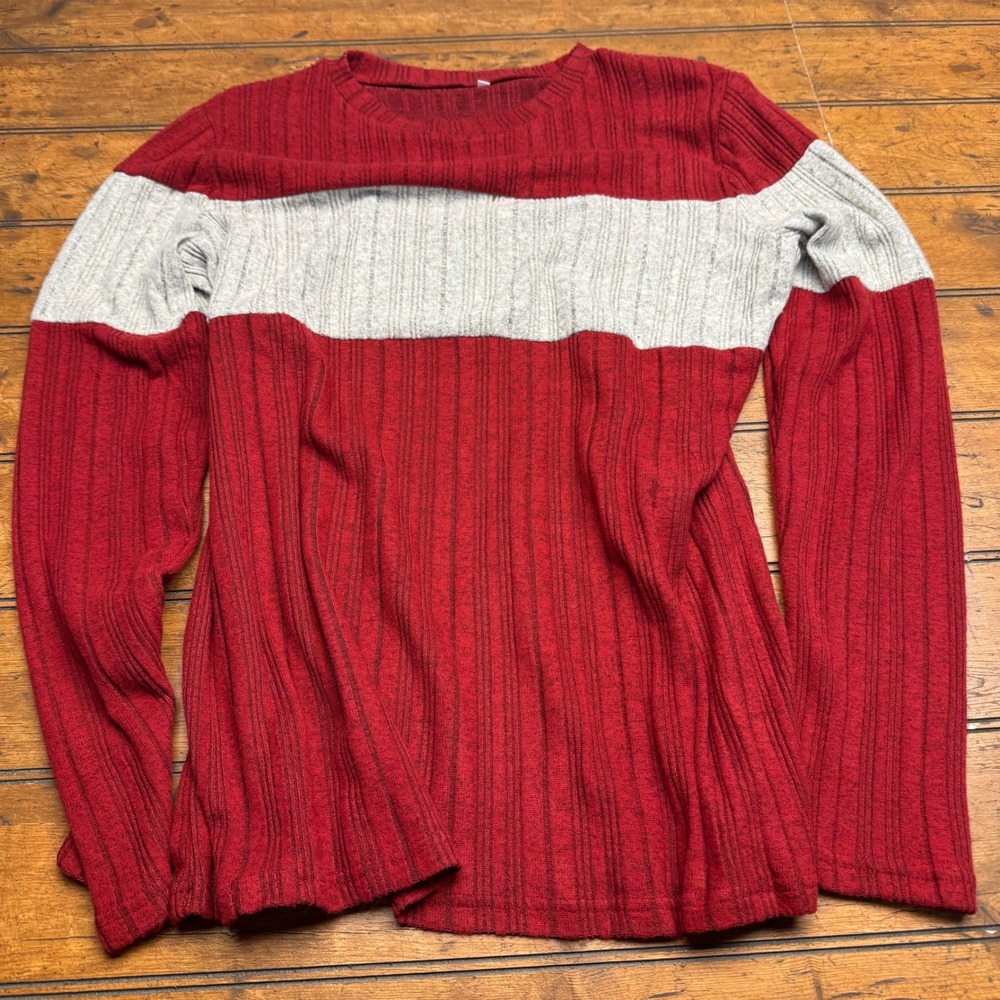 Womens XL Red Grey Striped Ribbed Long‎ Sleeve Crew Neck Top Shirt